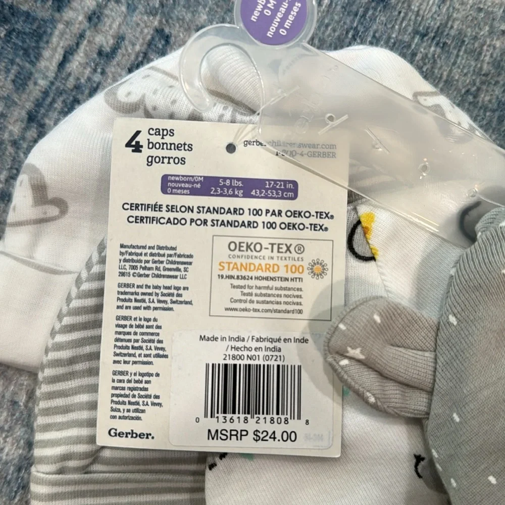 Gerber Set of 4 baby infant caps/ hats size 0-6 months